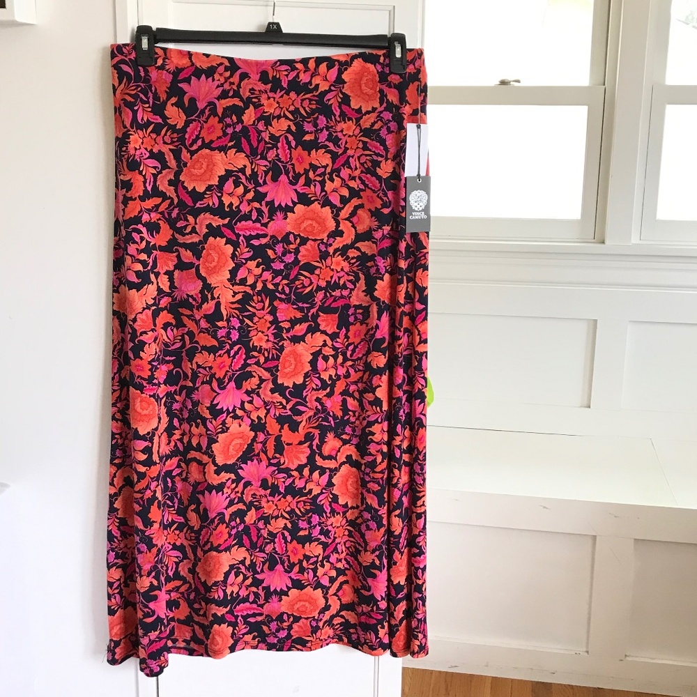 VINCE CAMUTO Floral Midi Skirt Pink Black Women’s Size XL 1X